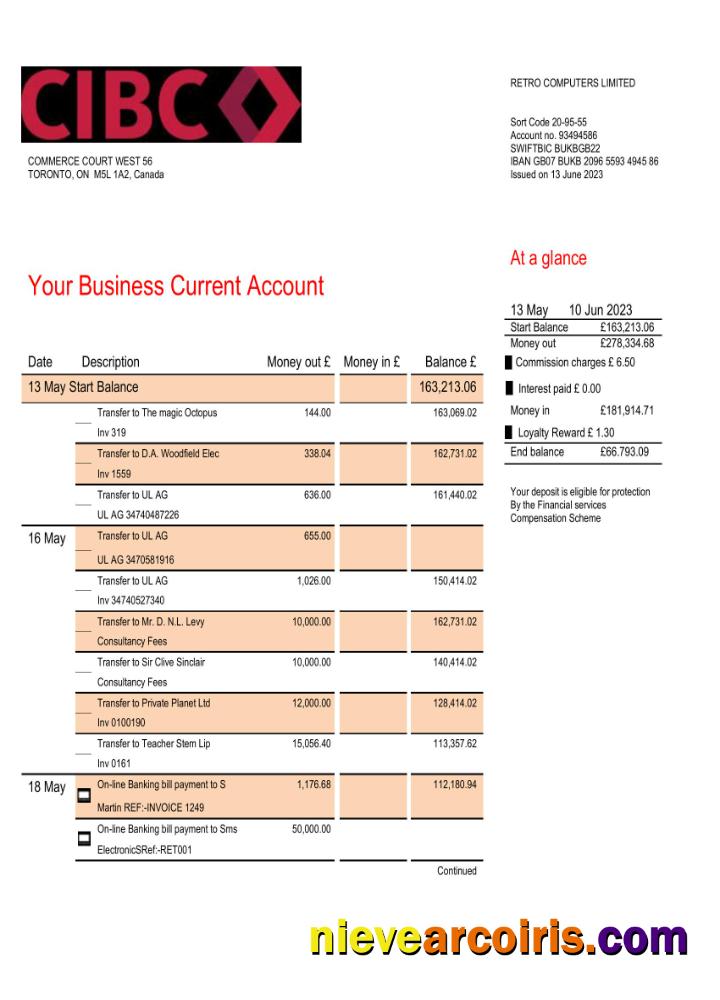 CIBC Bank company checking account statement